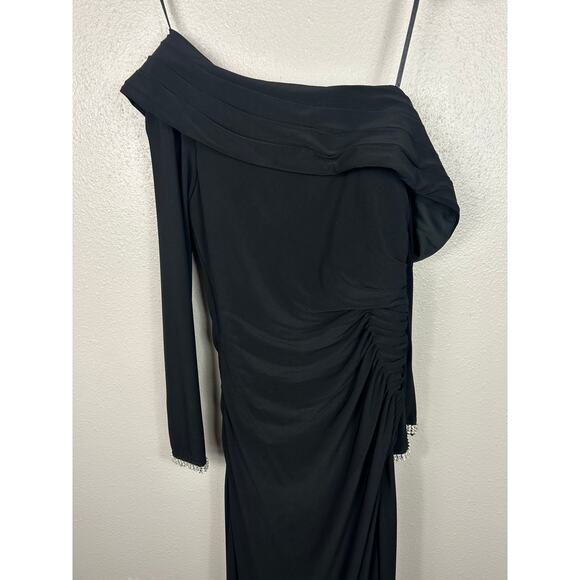 Mac Duggal One Shoulder Bewjewled Cuff Sleeve Gown Black Sz 4 Formal - Picture 8 of 9